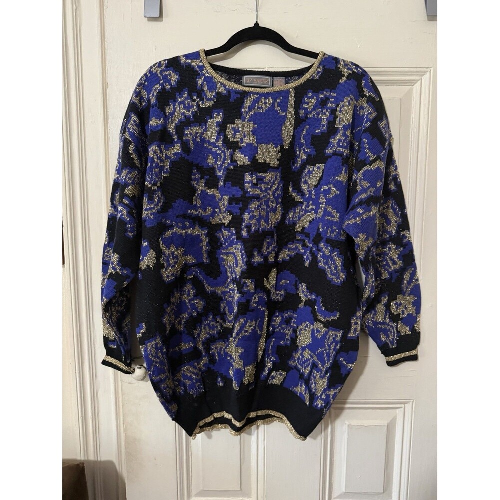 Vintage Liz Baker 80s 90s Metallic Gold Blue Black Sweater Shoulder Pads 2X